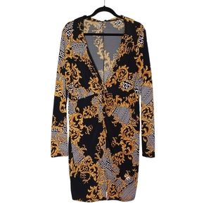 BLANC Gold Brocade White Geometric Print V Neck Long Sleeve Stretchy Black Dress
